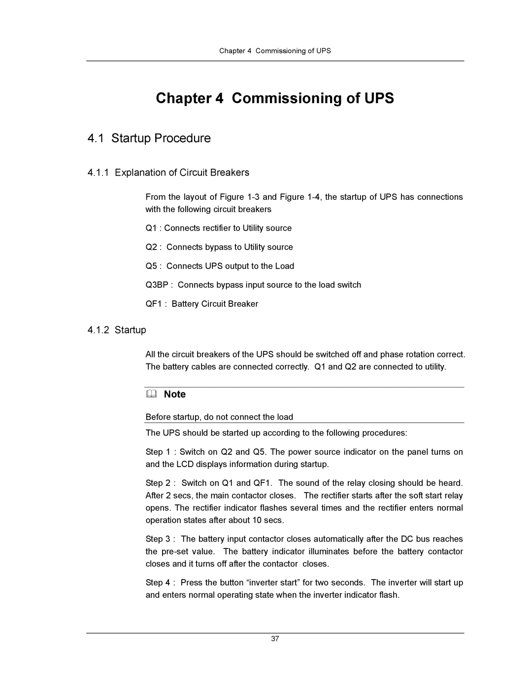 Liebert UPS System user manual Startup Procedure, Explanation of Circuit Breakers 