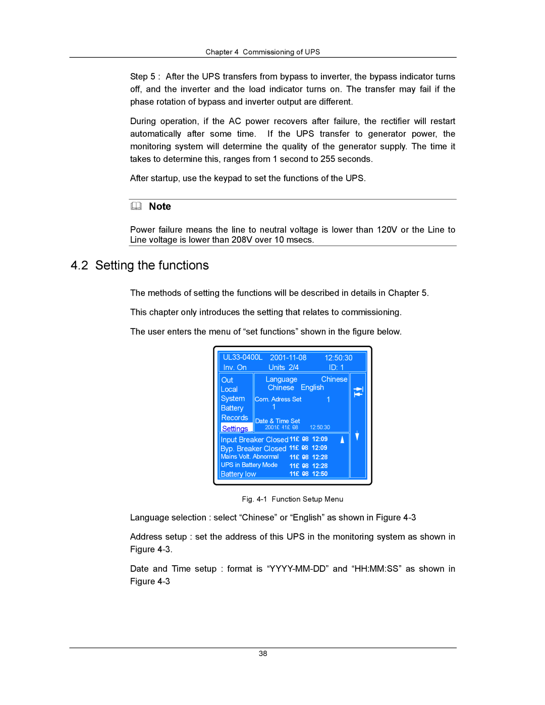 Liebert UPS System user manual Setting the functions, Function Setup Menu 