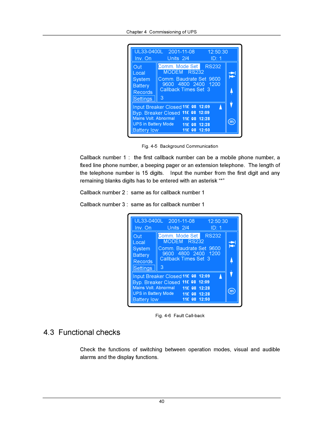 Liebert UPS System user manual Functional checks, Modem RS232 