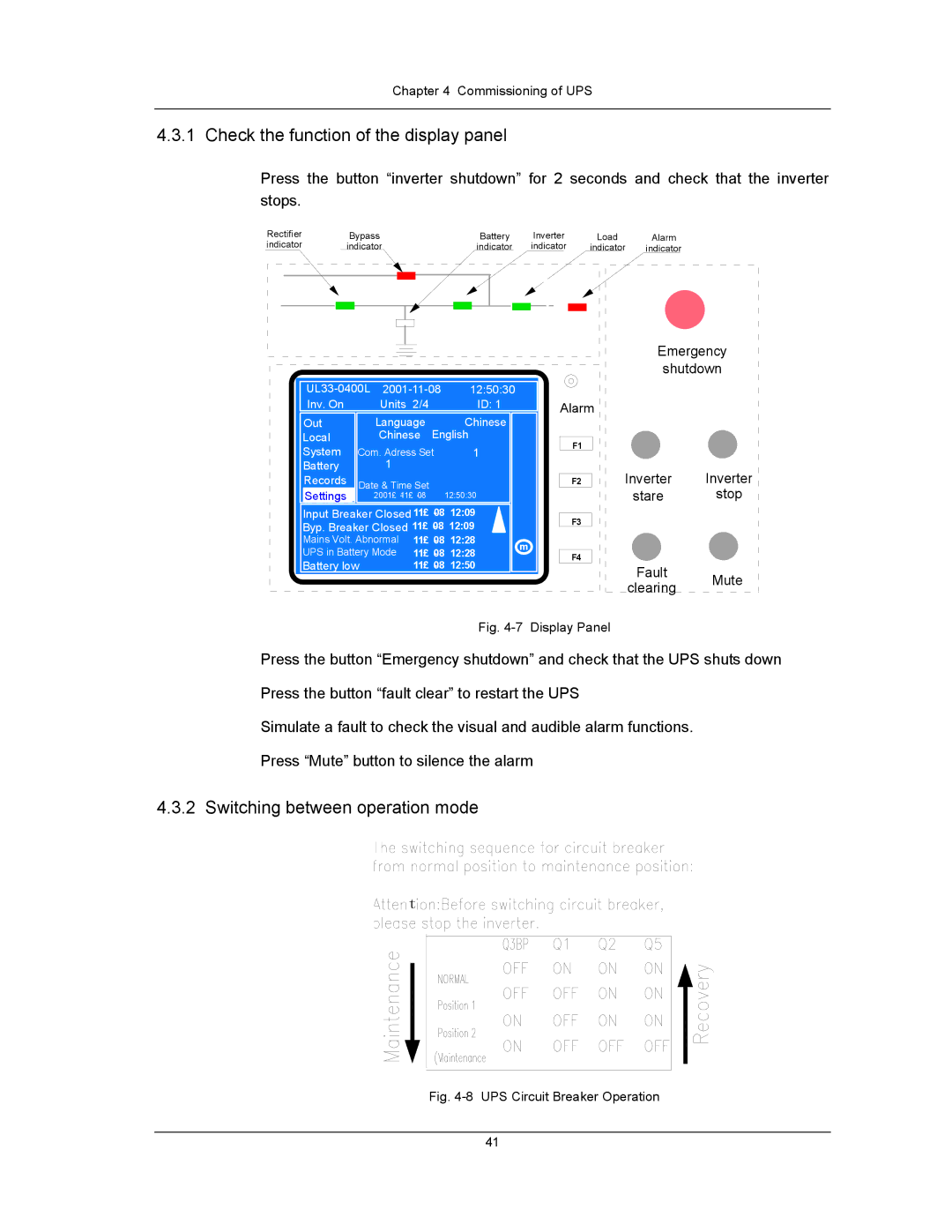 Liebert UPS System user manual Check the function of the display panel, Switching between operation mode 