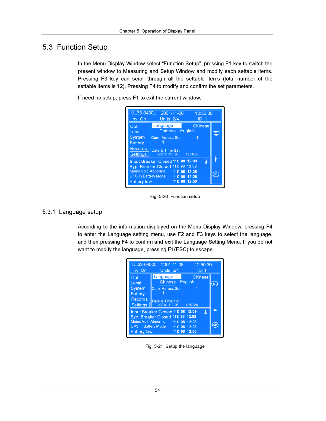 Liebert UPS System user manual Function Setup, Language setup 