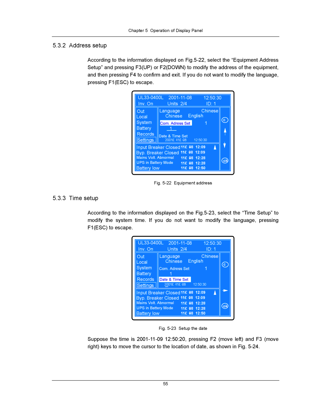 Liebert UPS System user manual Address setup, Time setup 