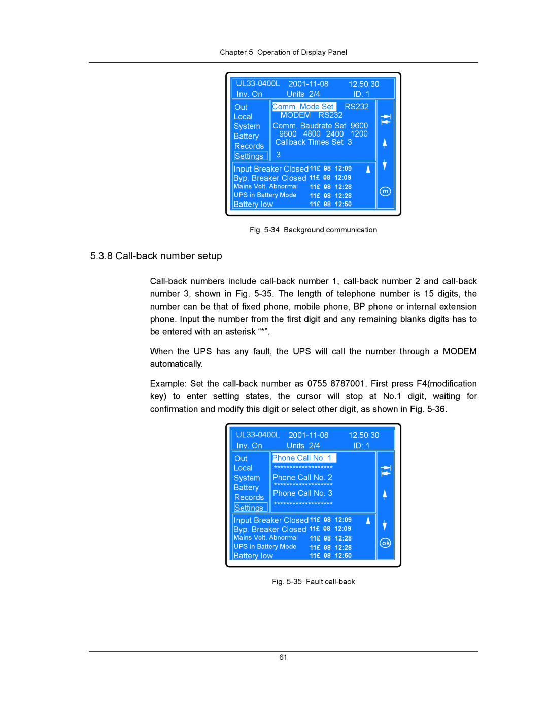 Liebert UPS System user manual Call-back number setup, Modem RS232 