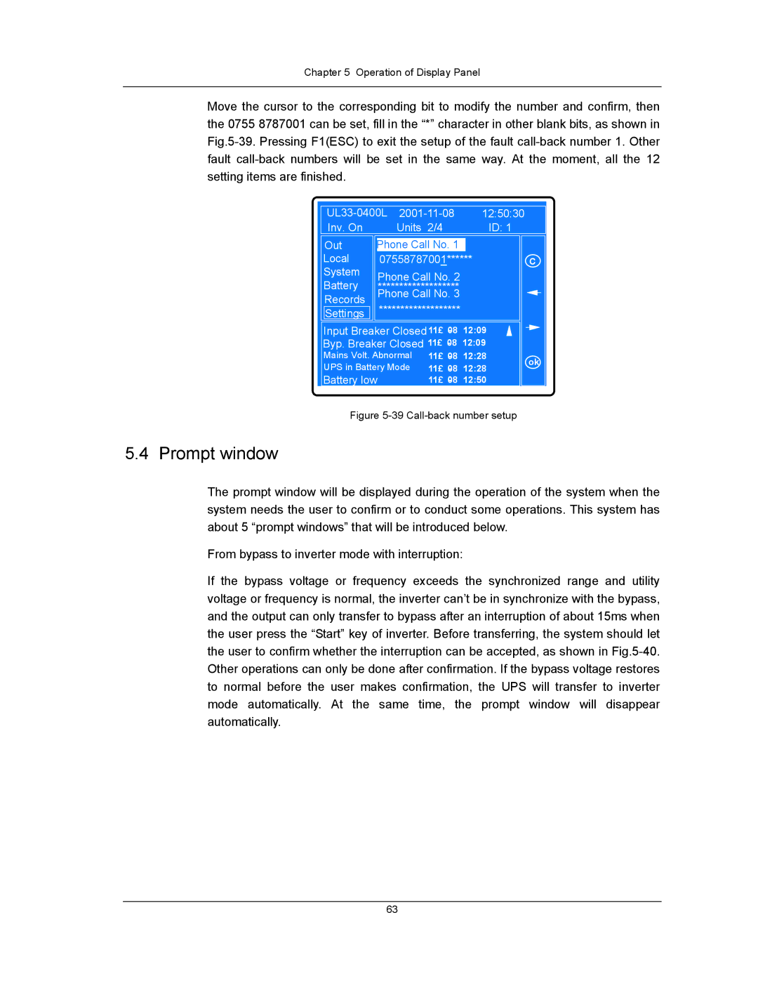 Liebert UPS System user manual Prompt window, Call-back number setup 