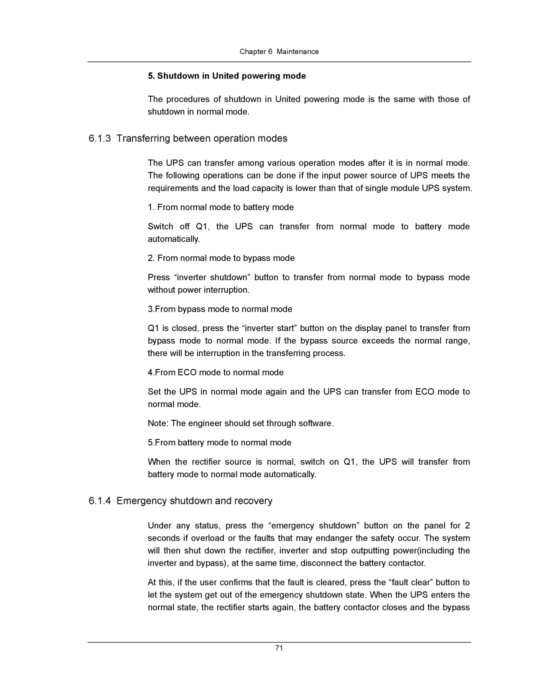 Liebert UPS System Transferring between operation modes, Emergency shutdown and recovery, Shutdown in United powering mode 