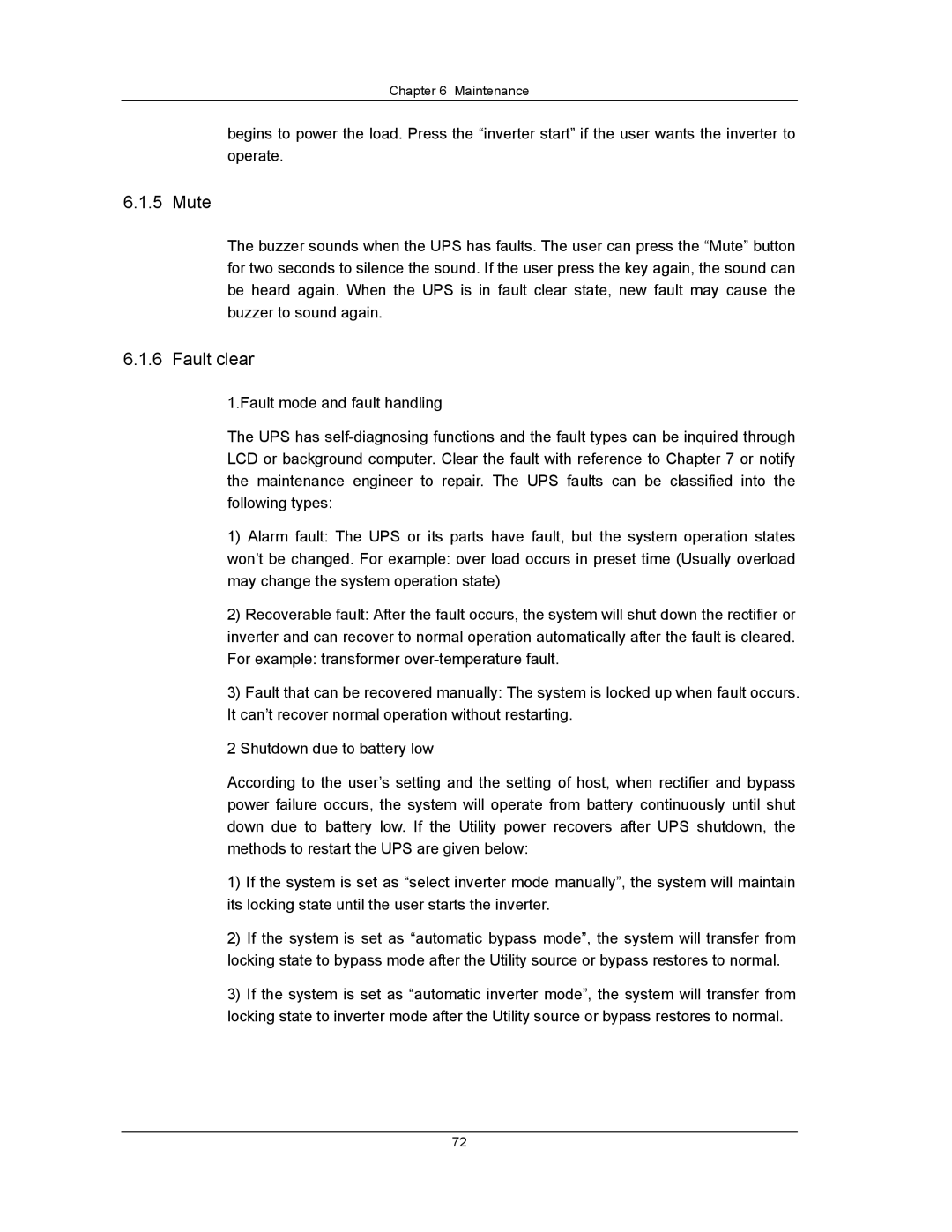 Liebert UPS System user manual Mute, Fault clear 