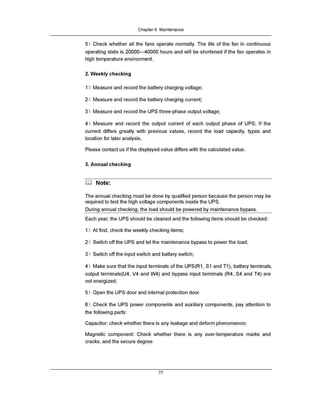 Liebert UPS System user manual Weekly checking, Annual checking 