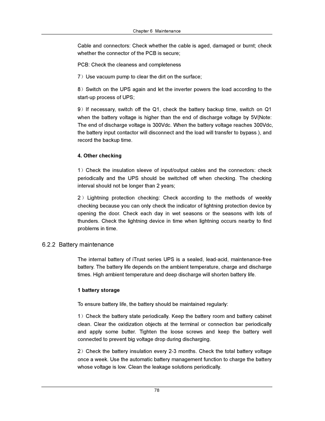 Liebert UPS System user manual Battery maintenance, Other checking, Battery storage 