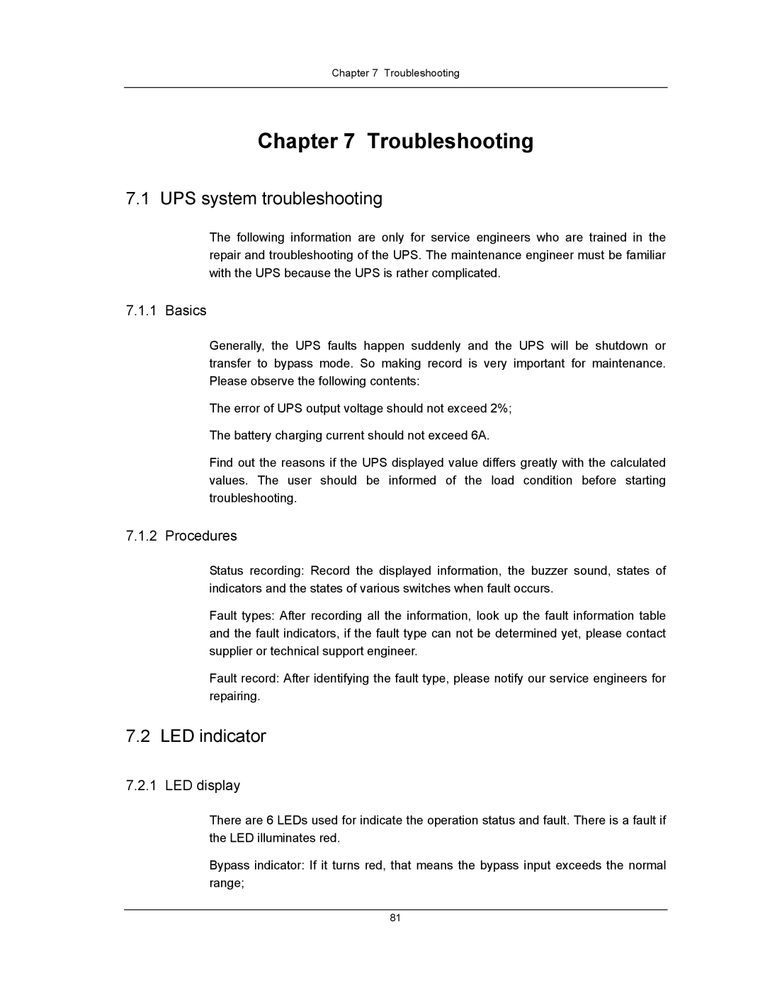 Liebert UPS System user manual UPS system troubleshooting, LED indicator, Basics, Procedures, LED display 