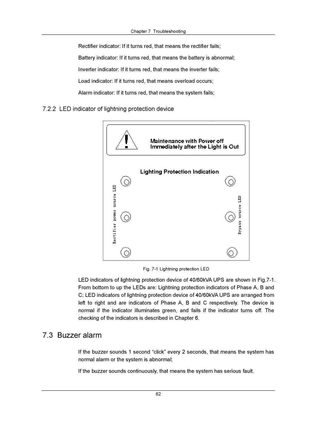 Liebert UPS System user manual Buzzer alarm, LED indicator of lightning protection device 