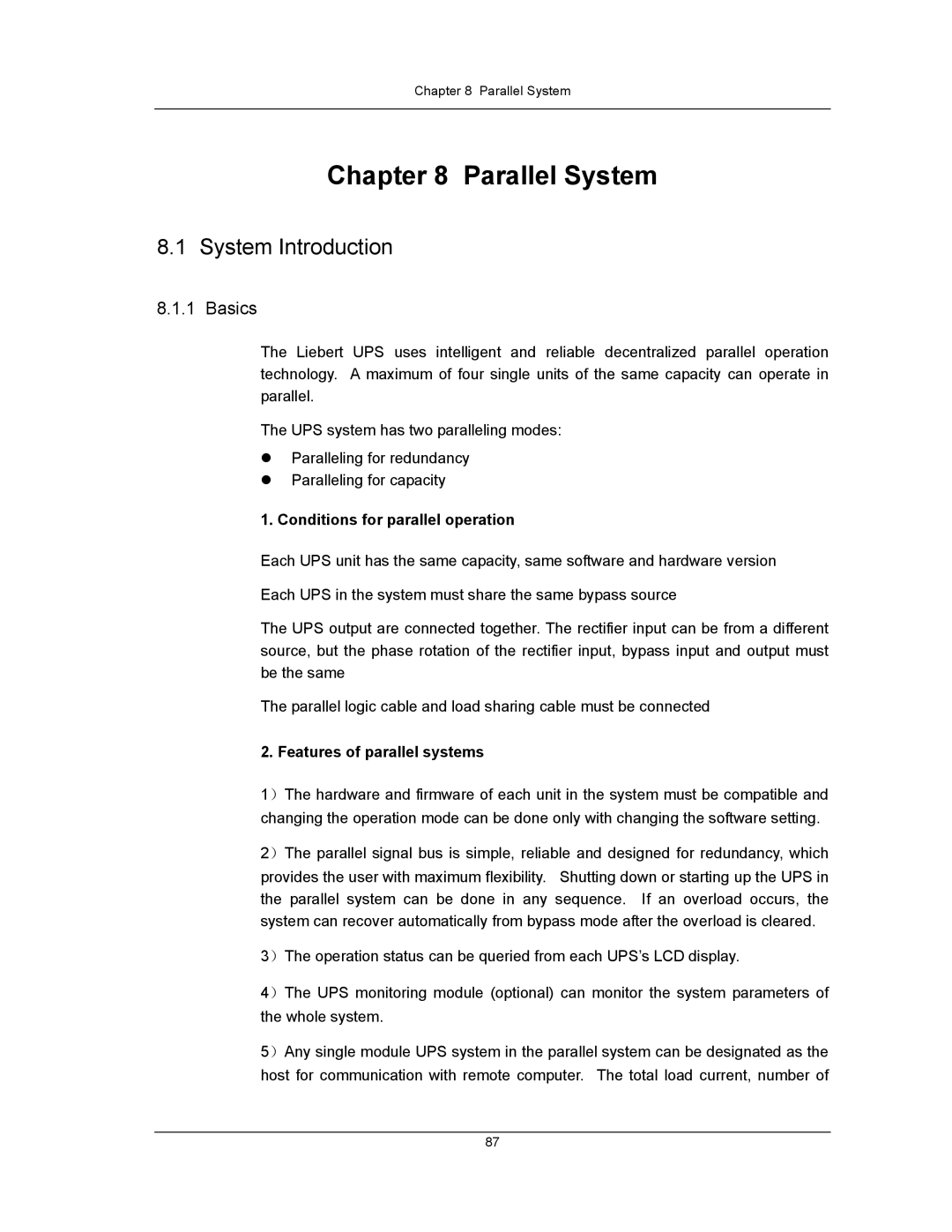 Liebert UPS System user manual System Introduction, Conditions for parallel operation, Features of parallel systems 