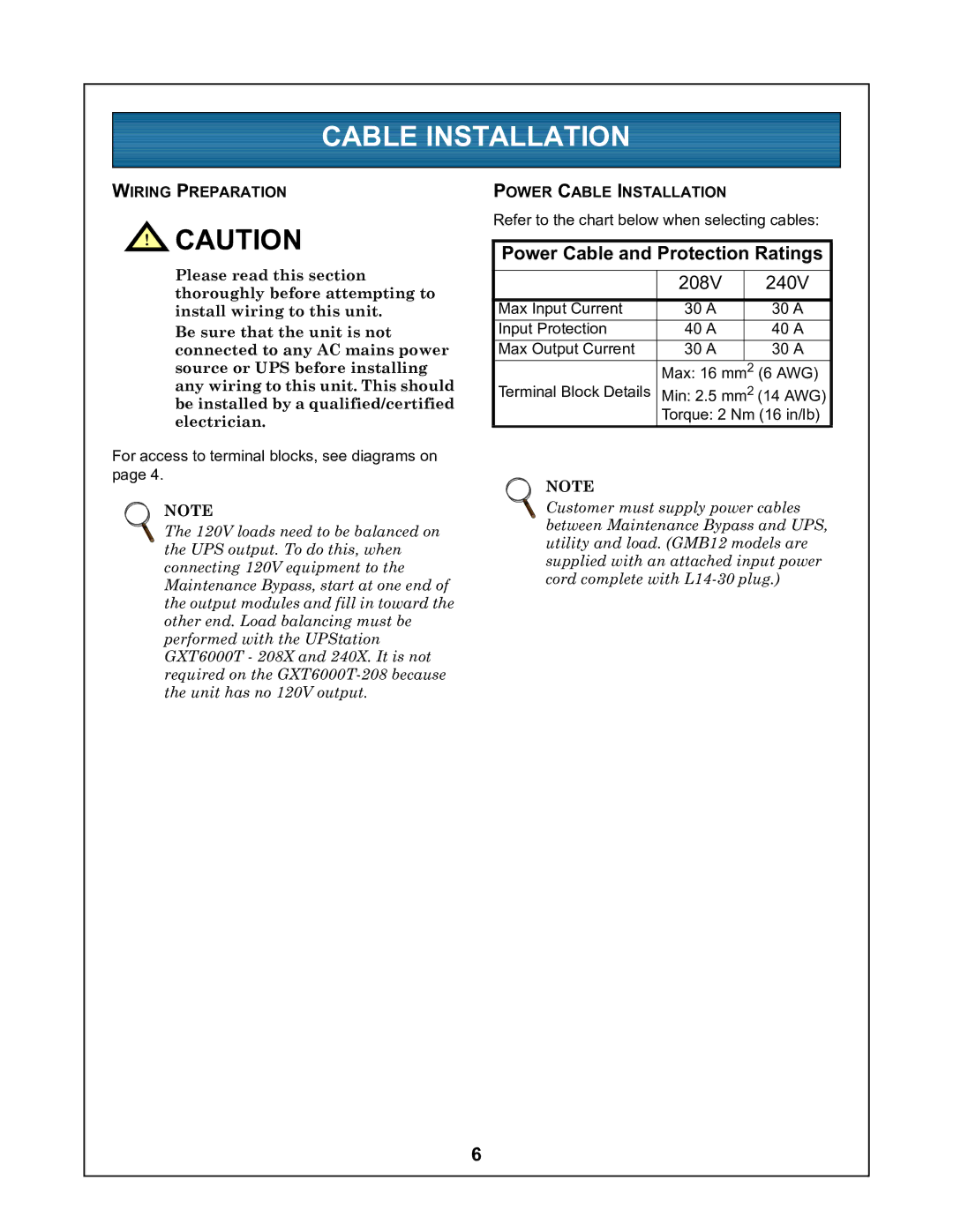 Liebert UPStation GXT user manual Wiring Preparation, Power Cable Installation 