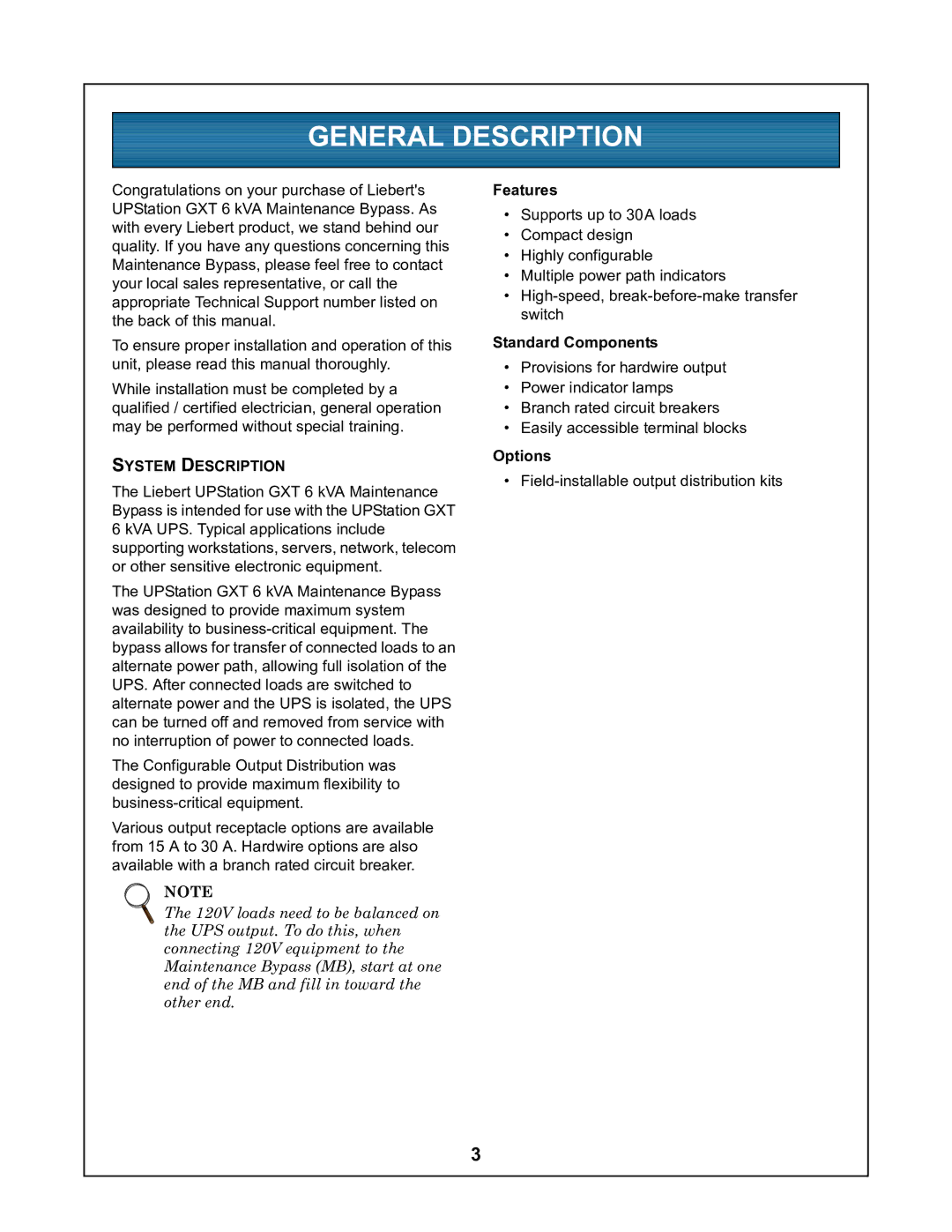 Liebert UPStation GXT user manual General Description, System Description, Features, Standard Components, Options 