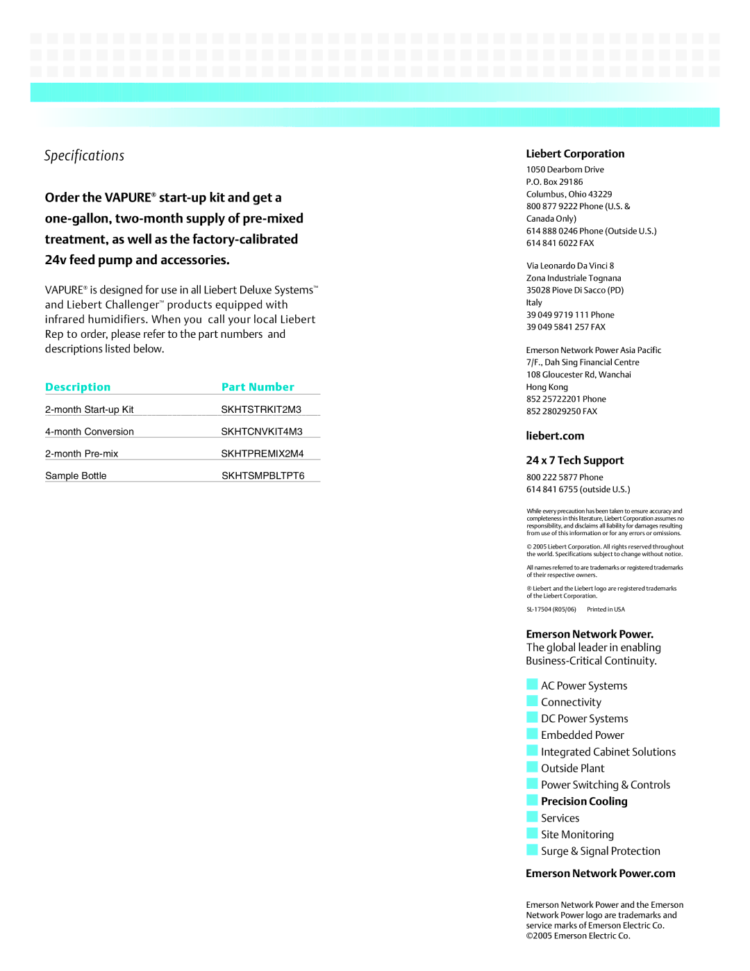 Liebert VAPURE manual Specifications 