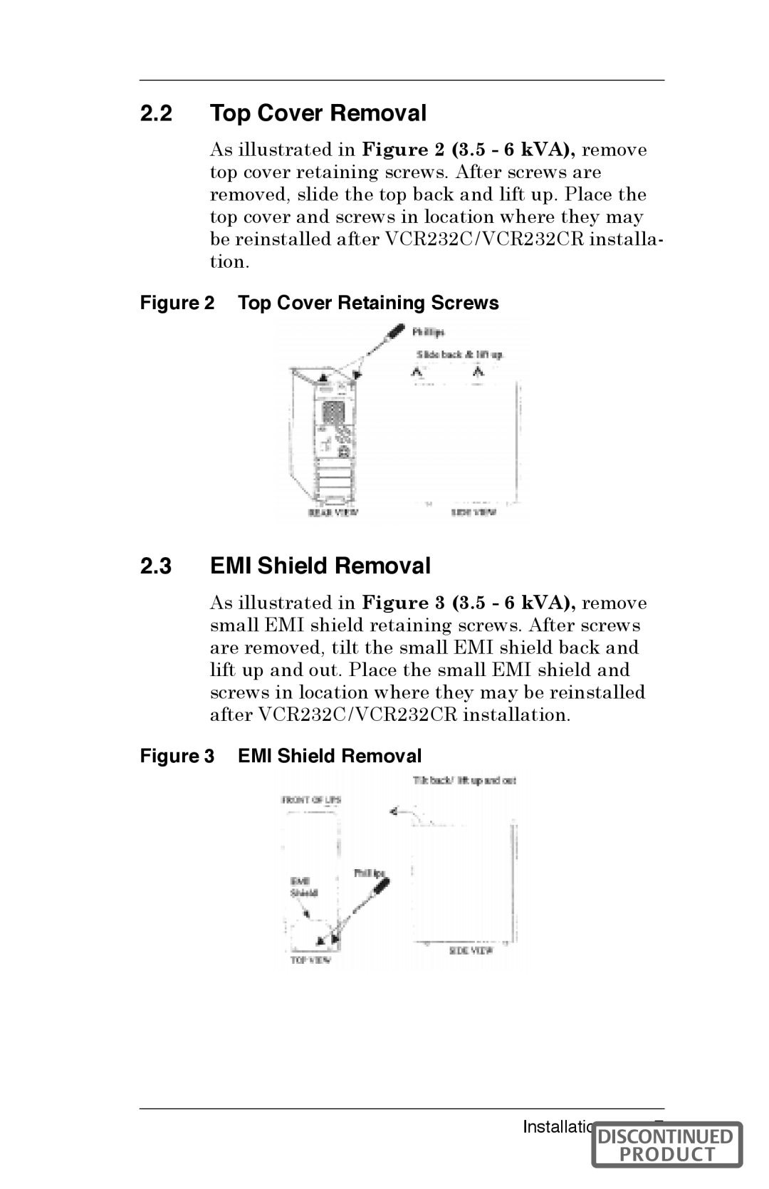 Liebert VCR232CR instruction manual Top Cover Removal, EMI Shield Removal 