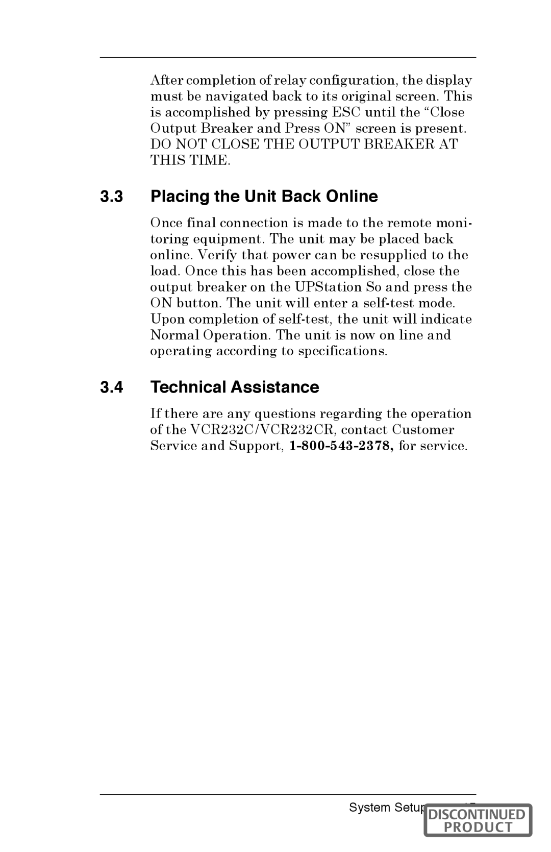 Liebert VCR232C Placing the Unit Back Online, Technical Assistance,   