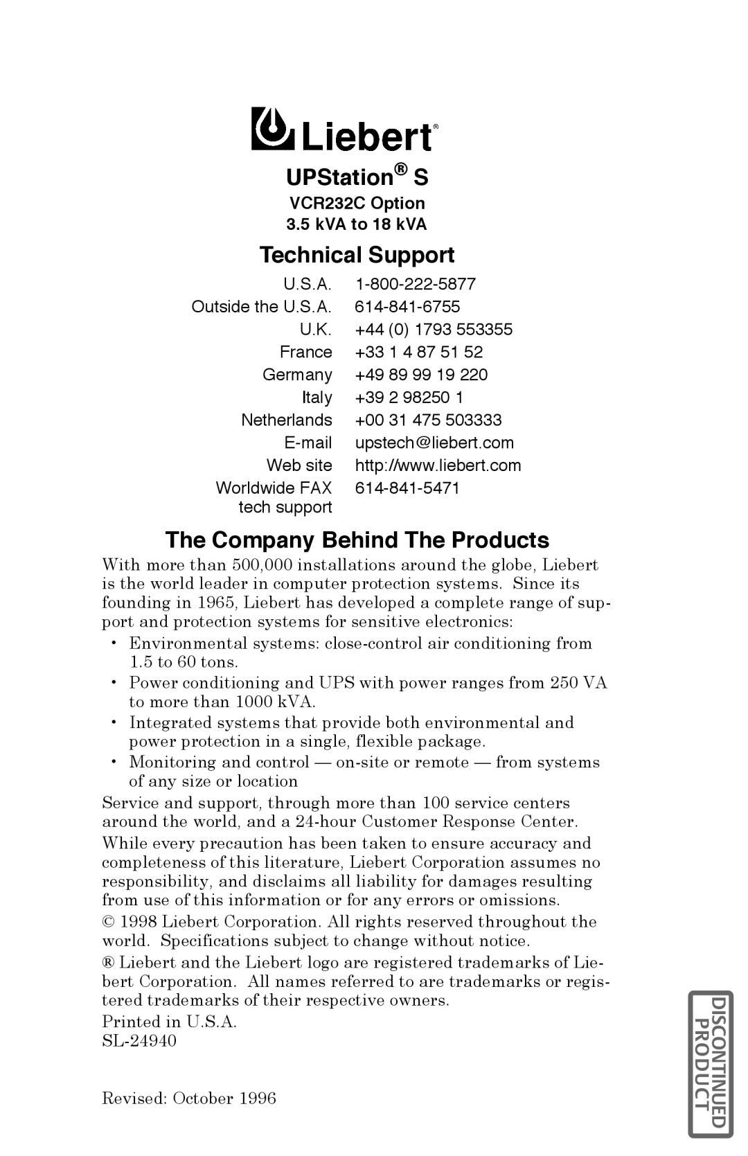 Liebert VCR232CR instruction manual UPStation S, Technical Support, Company Behind The Products 