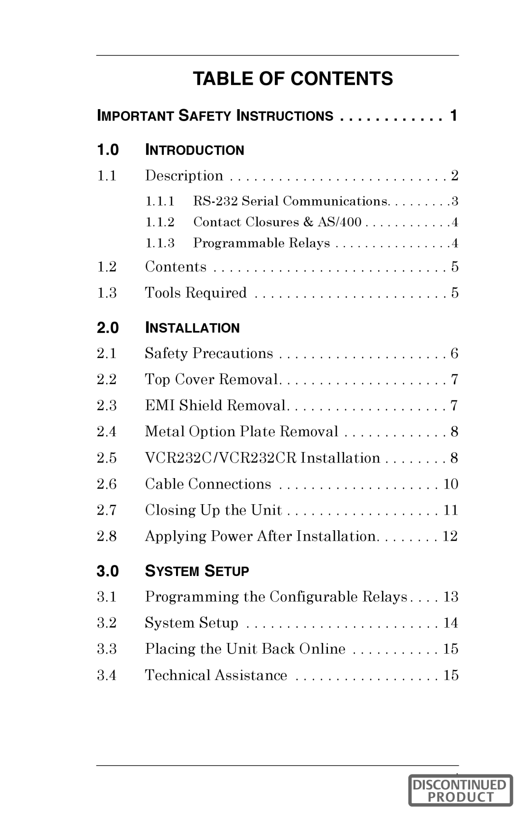 Liebert VCR232CR instruction manual Table of Contents 