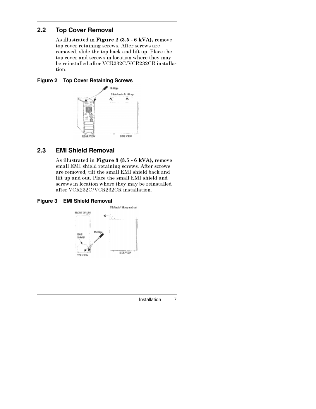 Liebert VCR232CR instruction manual Top Cover Removal, EMI Shield Removal 