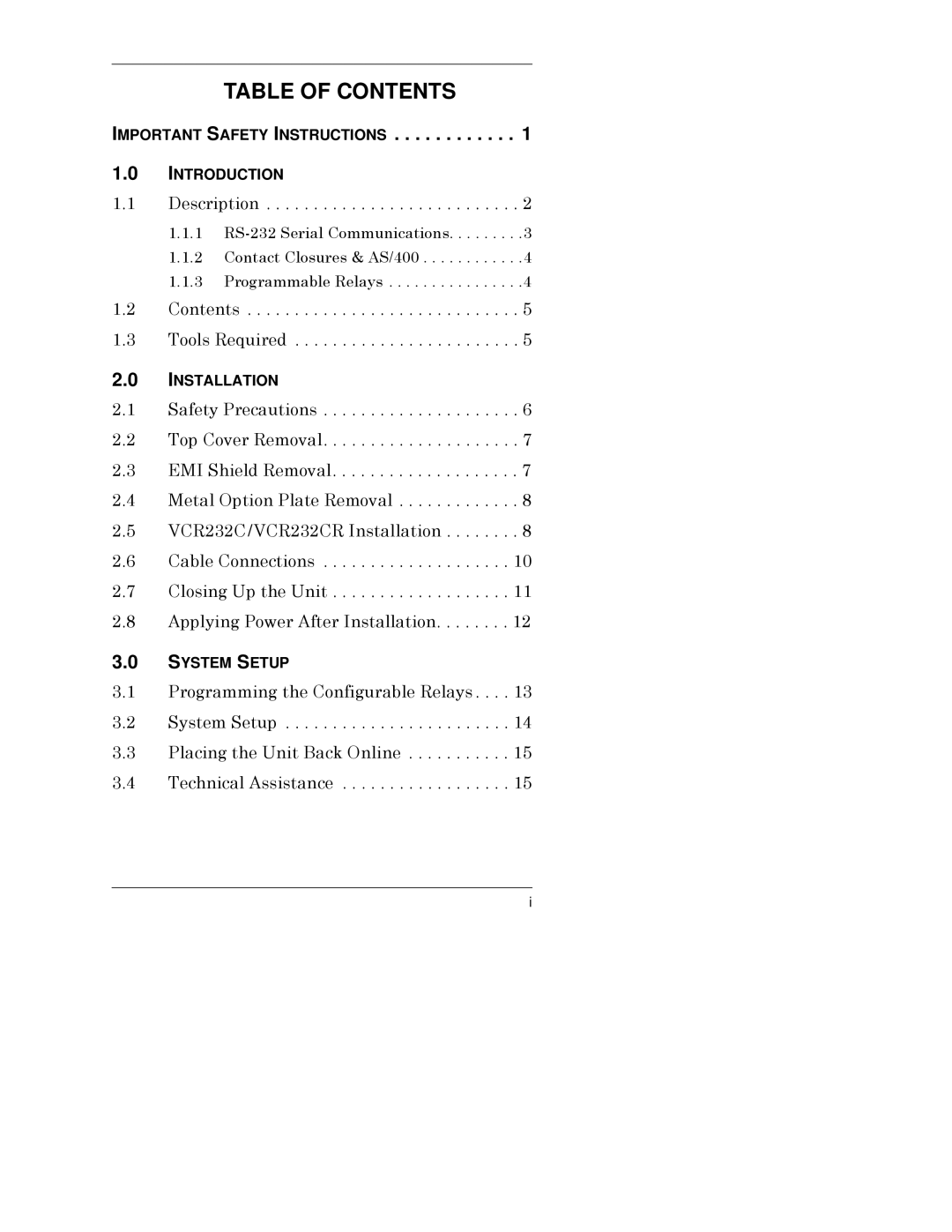 Liebert VCR232CR instruction manual Table of Contents 