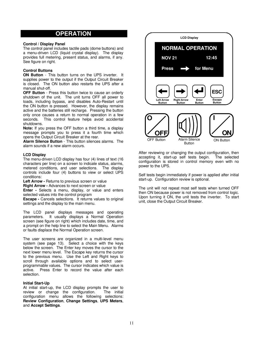 Liebert VM18000, VM12000 user manual Operation, Control / Display Panel, Control Buttons, LCD Display, Initial Start-Up 