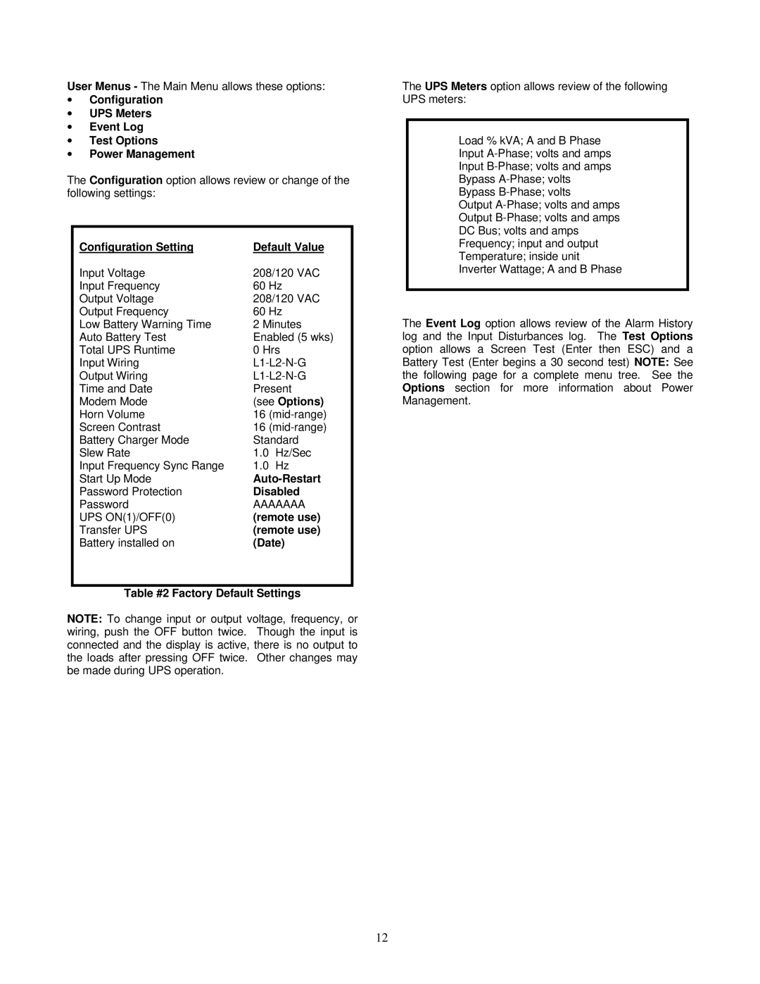 Liebert VM12000, VM18000 Configuration Setting Default Value, See Options, Auto-Restart, Disabled, Remote use, Date 