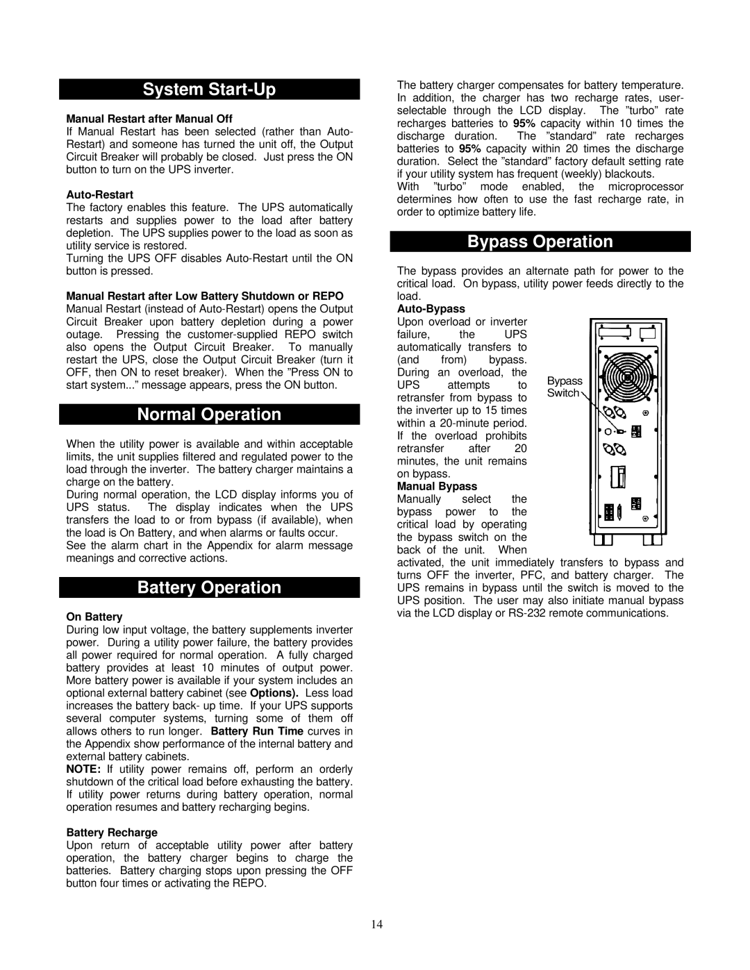 Liebert VM12000, VM18000 Manual Restart after Manual Off, On Battery, Battery Recharge, Auto-Bypass, Manual Bypass 