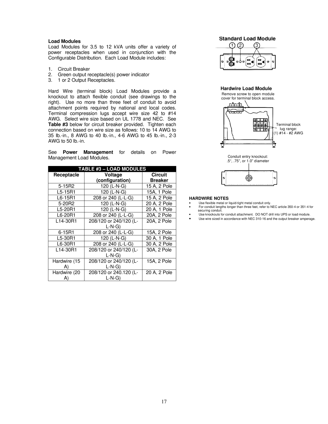 Liebert VM18000 Standard Load Module, Load Modules, Receptacle Voltage Circuit Configuration Breaker, Hardwire Load Module 