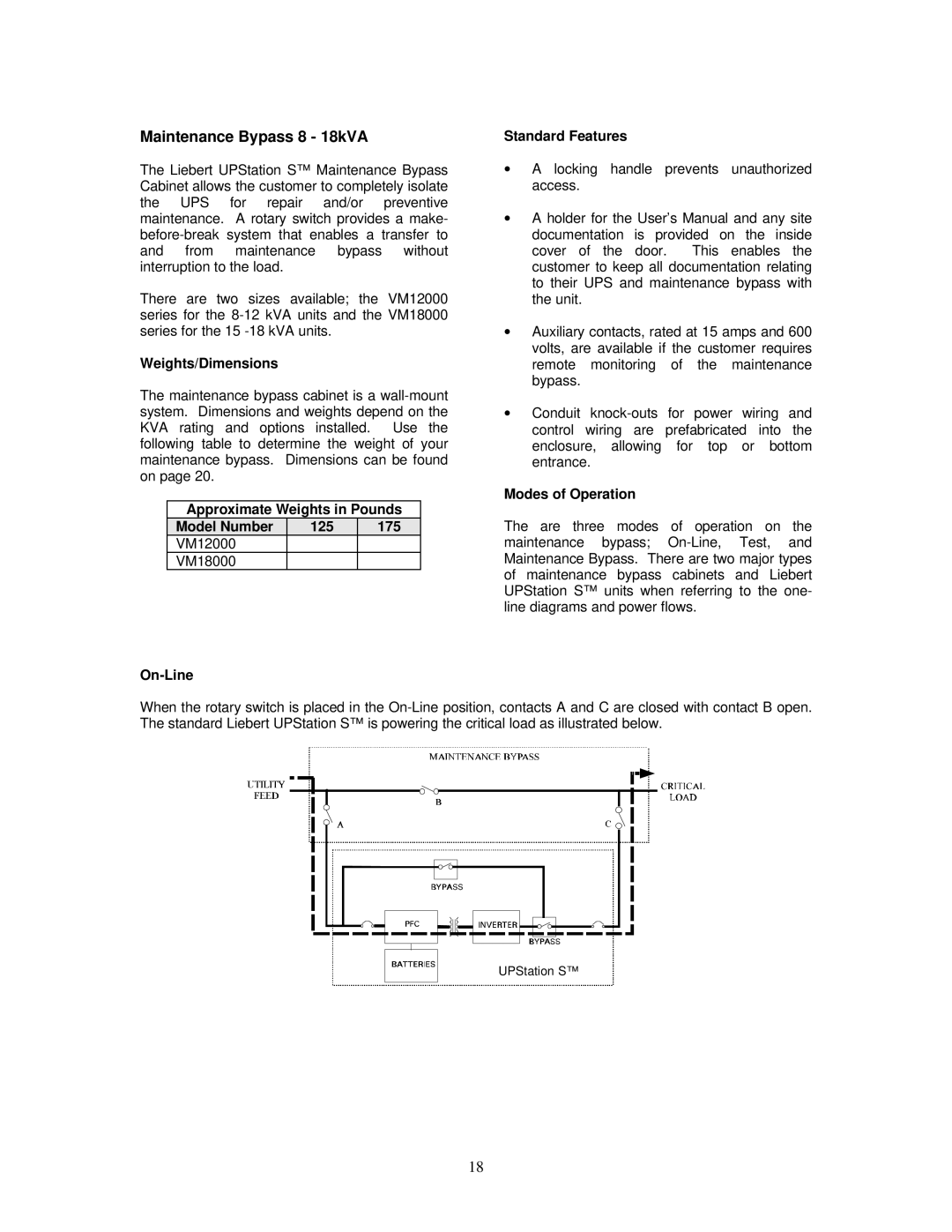 Liebert VM12000 Maintenance Bypass 8 18kVA, Weights/Dimensions, Approximate Weights in Pounds Model Number 125 175 