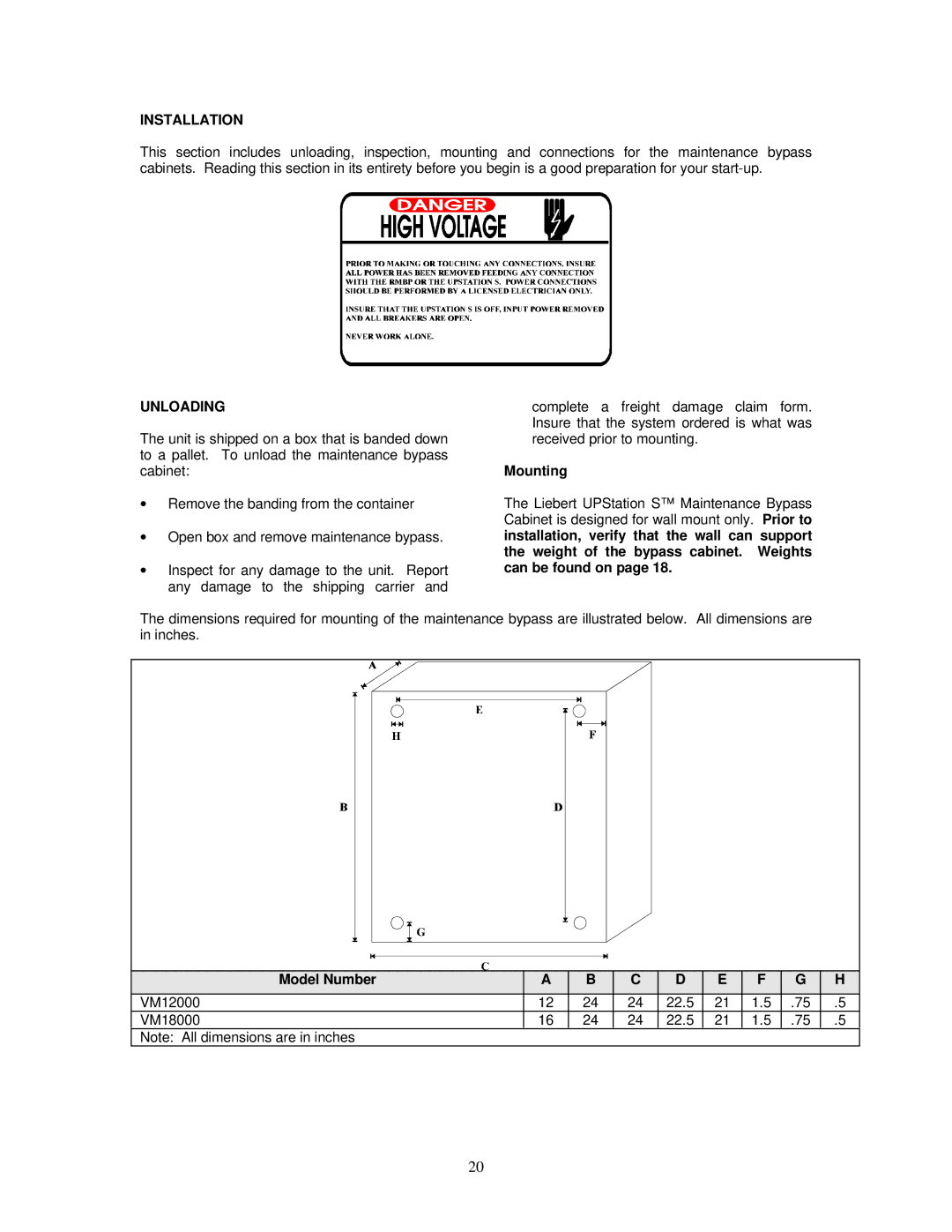 Liebert VM12000, VM18000 user manual Installation, Mounting 