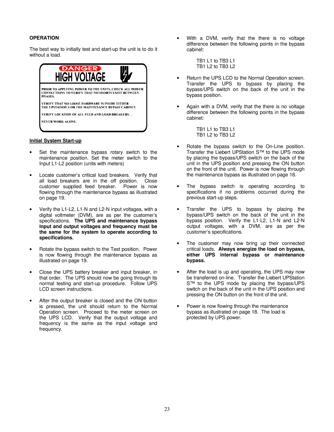 Liebert VM18000, VM12000 user manual Operation, Initial System Start-up 