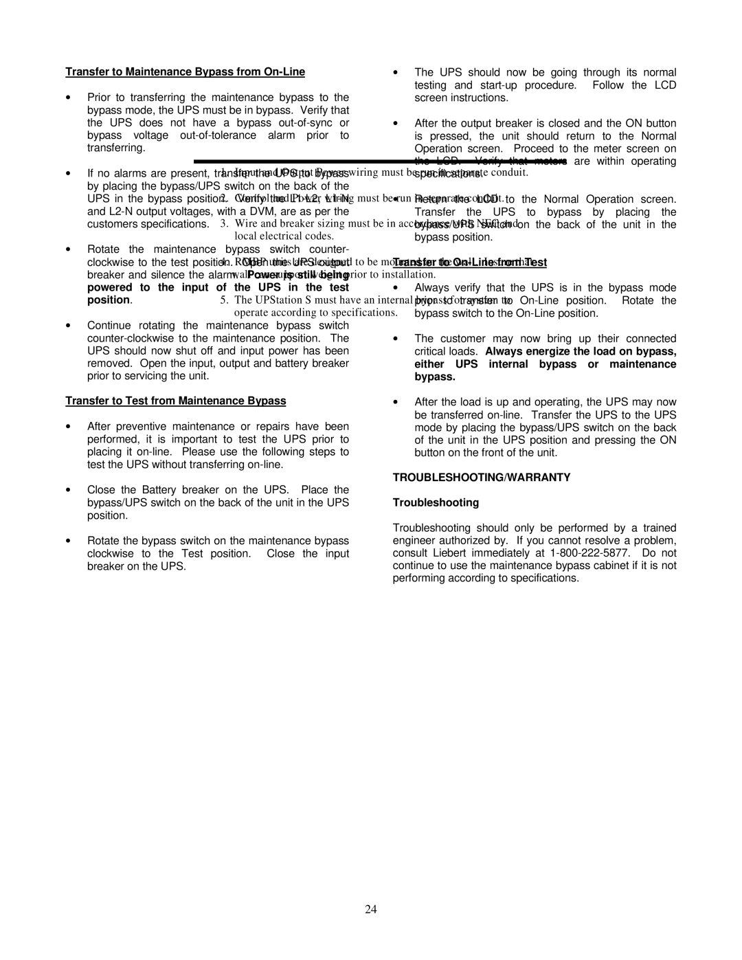 Liebert VM12000 Transfer to Maintenance Bypass from On-Line, Transfer to Test from Maintenance Bypass, Troubleshooting 