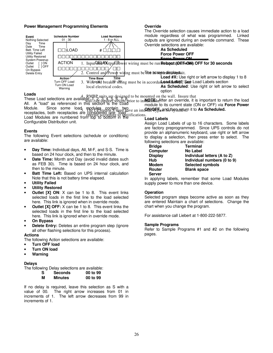 Liebert VM12000 Power Management Programming Elements, Loads, Events, ∙ Utility Failed ∙ Utility Restored, ∙ On Bypass 