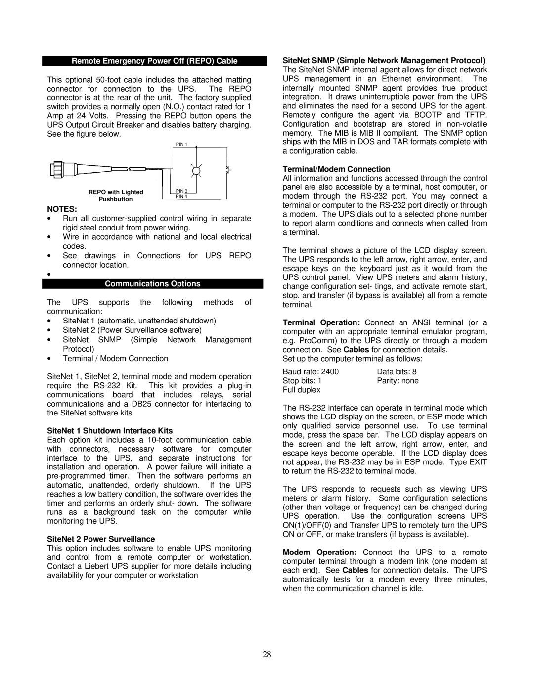 Liebert VM12000, VM18000 user manual SiteNet 1 Shutdown Interface Kits, SiteNet 2 Power Surveillance 