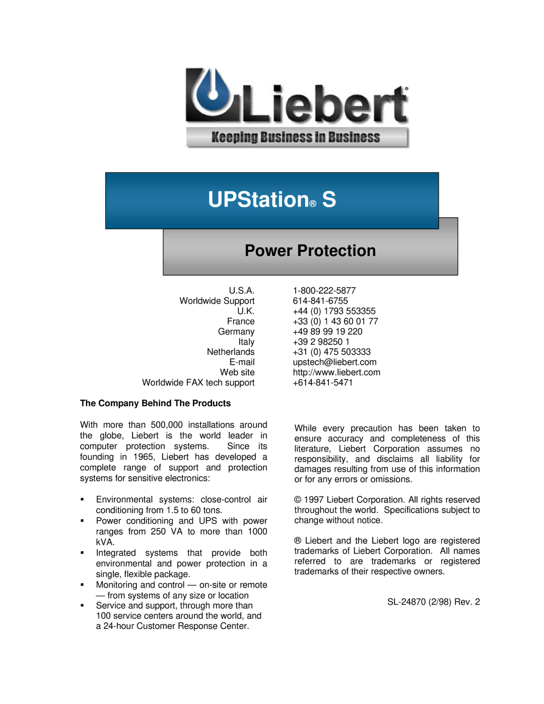 Liebert VM12000, VM18000 user manual UPStation S, Company Behind The Products 