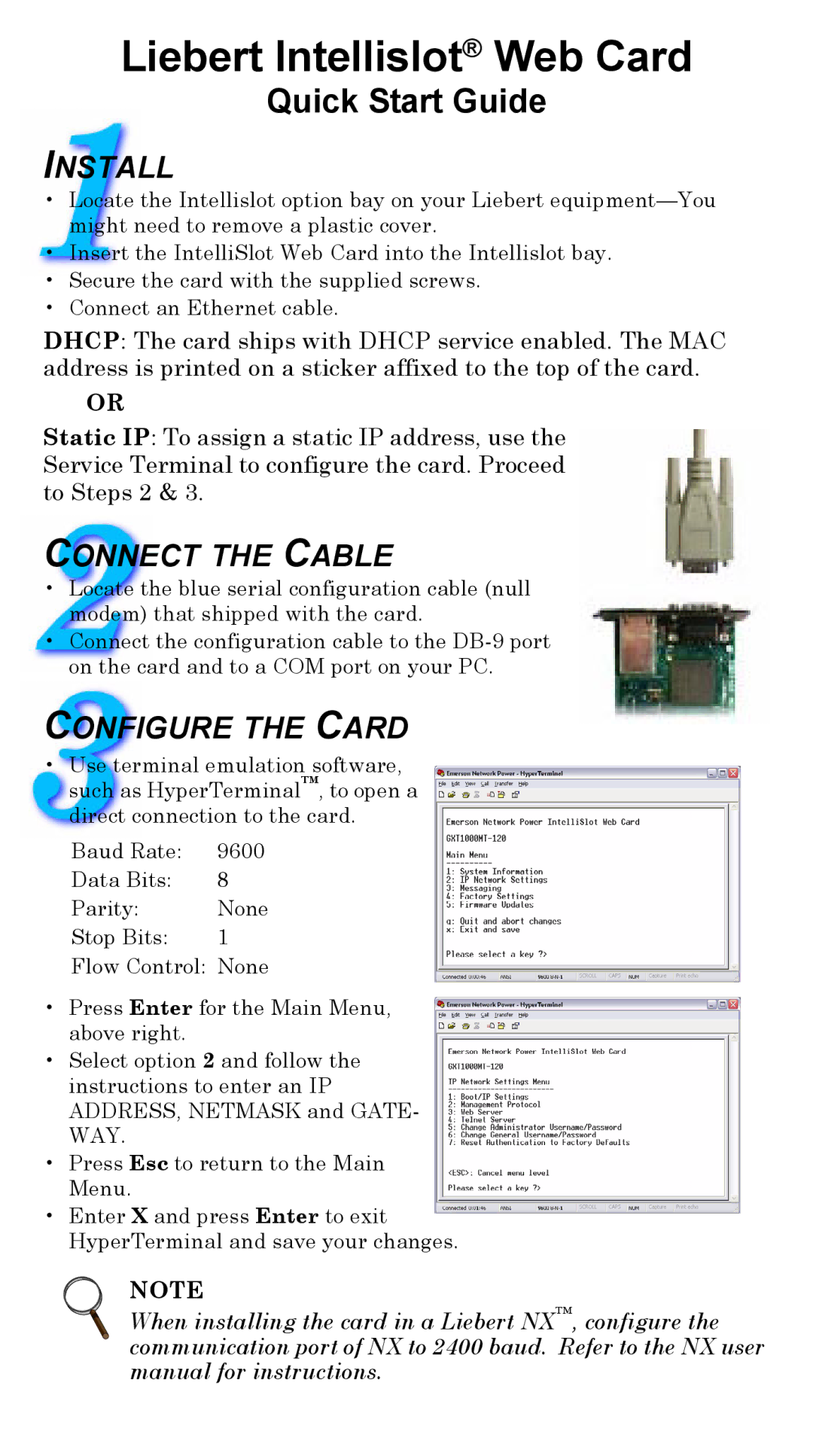 Liebert Web Card quick start Install, Connect the Cable, Configure the Card 