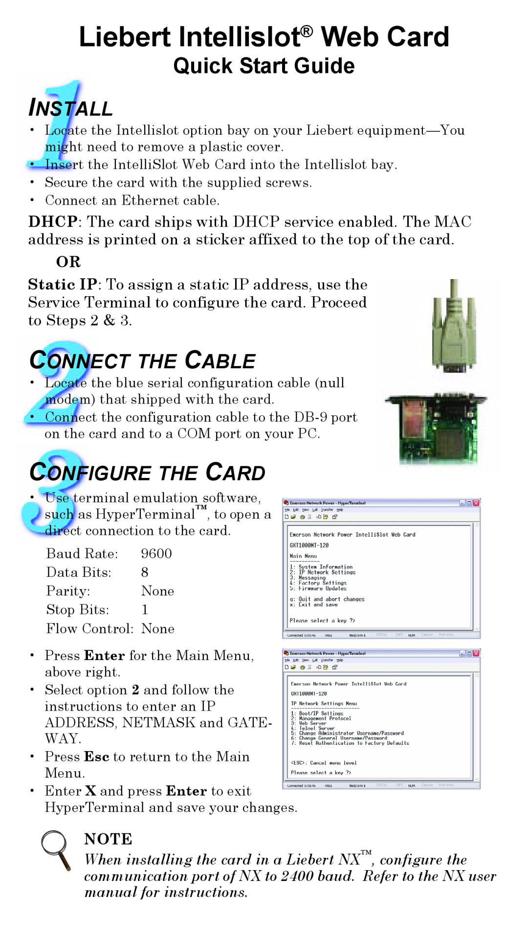 Liebert quick start Liebert Intellislot Web Card, Quick Start Guide, Install, Connect The Cable, Configure The Card 