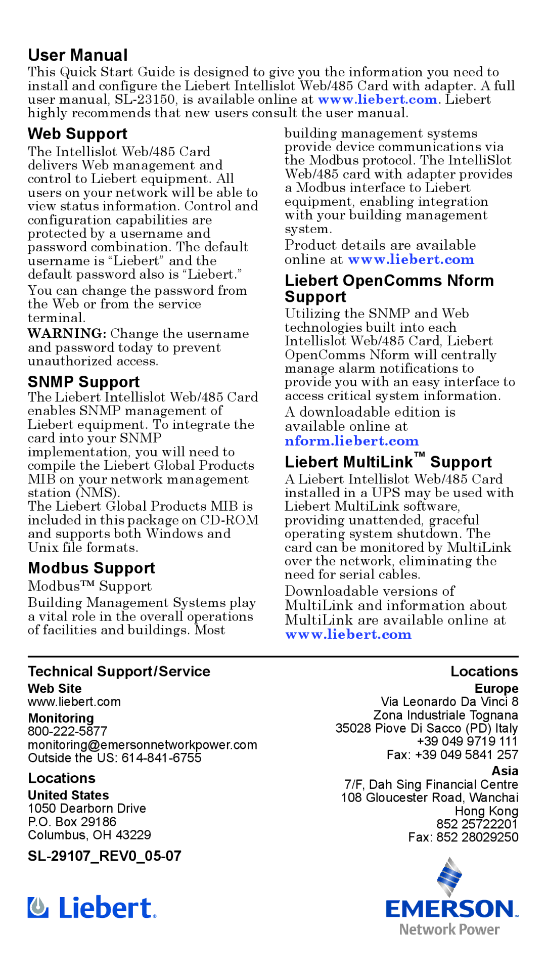 Liebert Web/485 Web Support, Snmp Support, Modbus Support, Liebert OpenComms Nform Support, Liebert MultiLink Support 