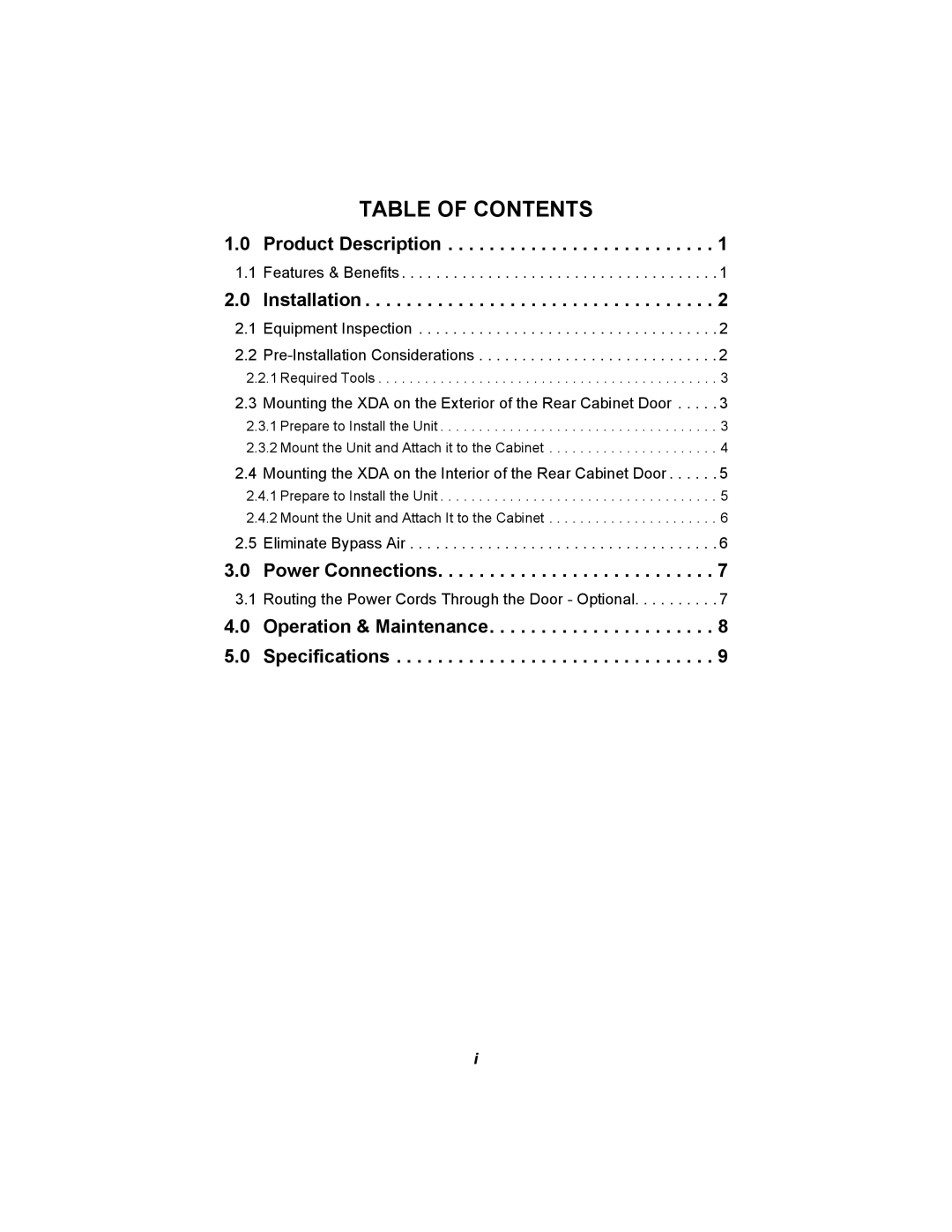 Liebert XDA user manual Table of Contents 