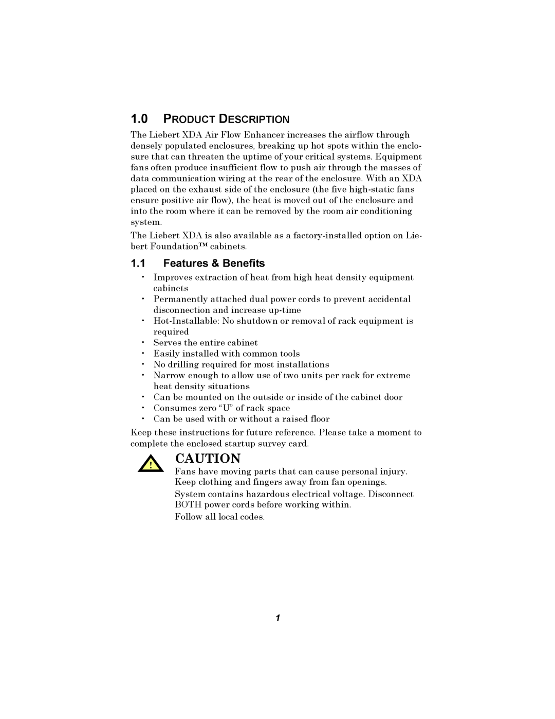 Liebert XDA user manual Features & Benefits, Product Description 