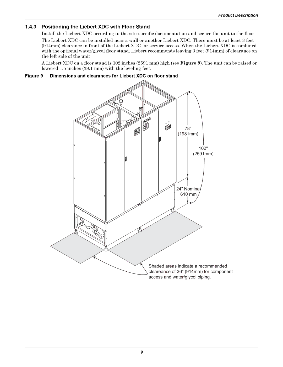 Liebert Positioning the Liebert XDC with Floor Stand, Dimensions and clearances for Liebert XDC on floor stand 