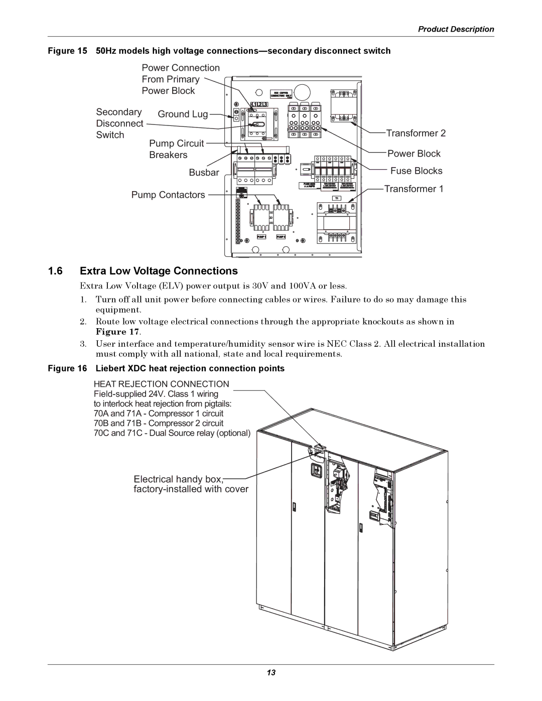 Liebert user manual Extra Low Voltage Connections, Liebert XDC heat rejection connection points 