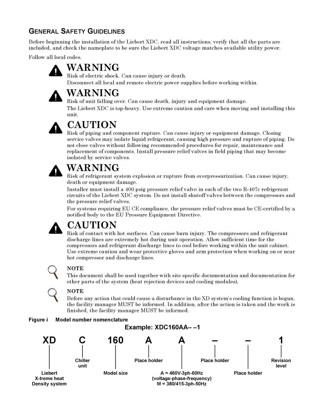 Liebert Example XDC160AA, General Safety Guidelines, Voltage-phase-frequency Density system = 380/415-3ph-50Hz 