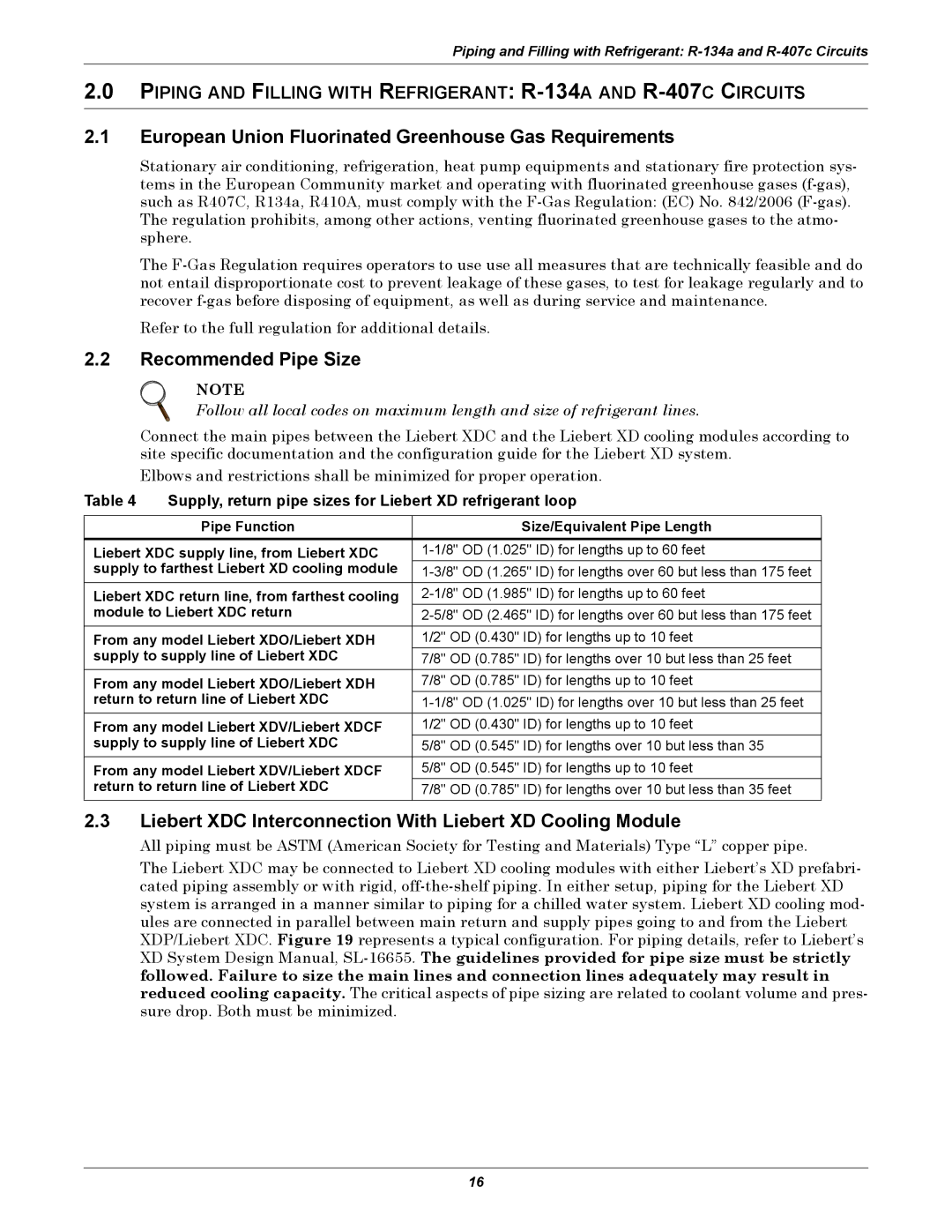 Liebert XDC user manual European Union Fluorinated Greenhouse Gas Requirements, Recommended Pipe Size 