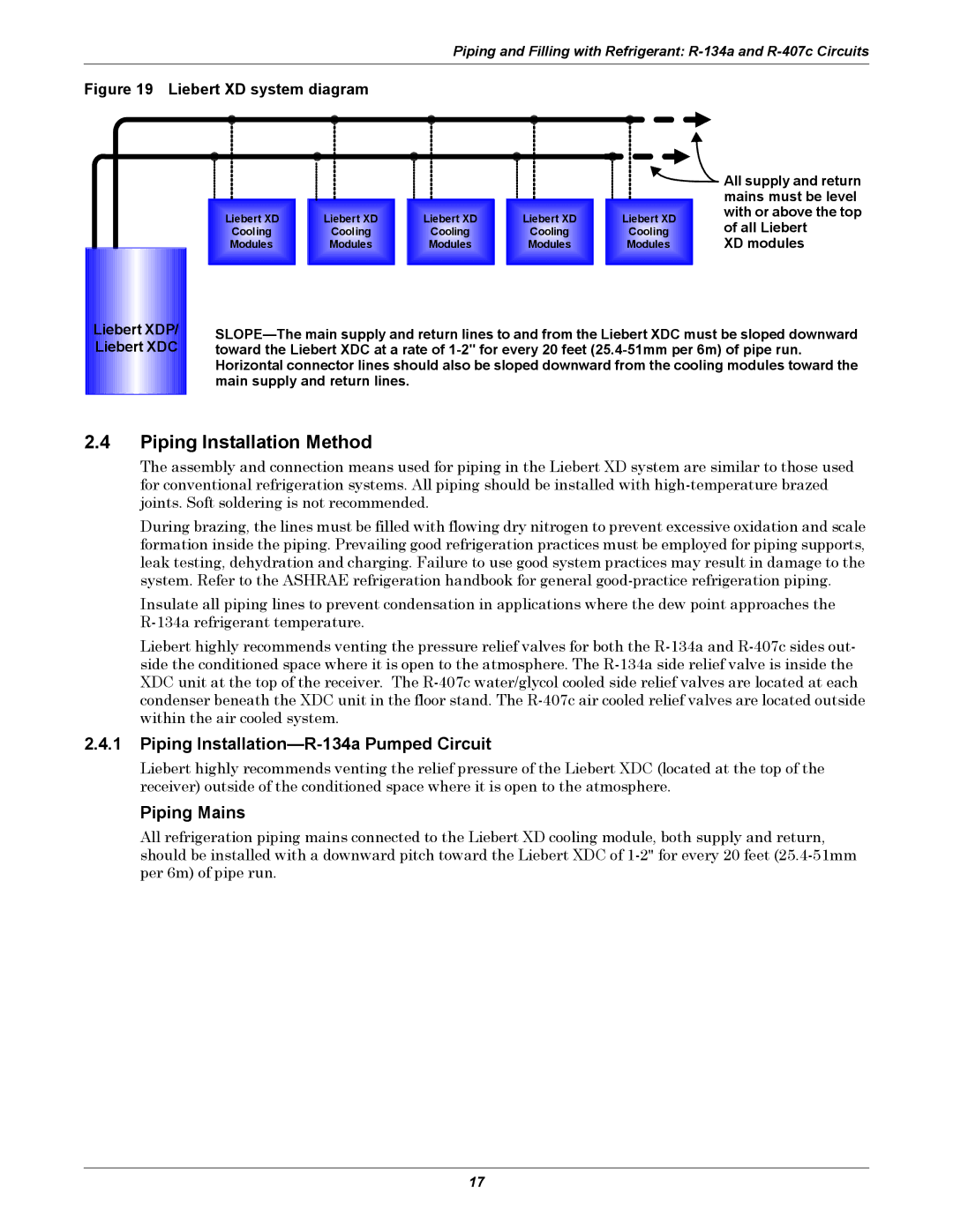 Liebert XDC user manual Piping Installation Method, Piping Installation-R-134a Pumped Circuit, Piping Mains 