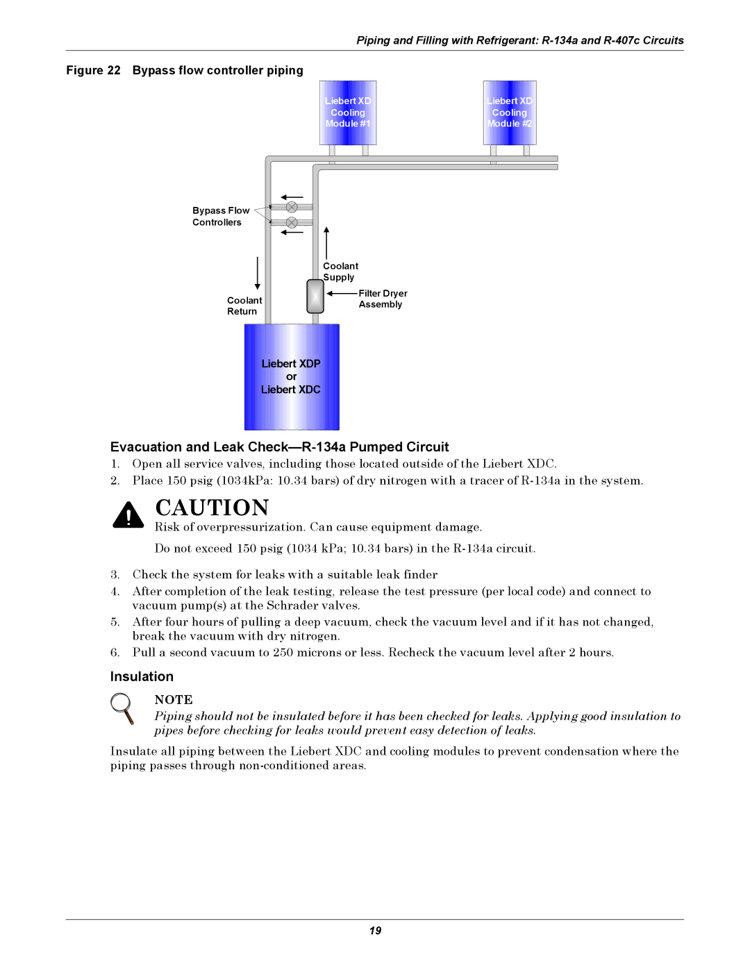 Liebert user manual Evacuation and Leak Check-R-134a Pumped Circuit, Insulation, Liebert XDP Liebert XDC 