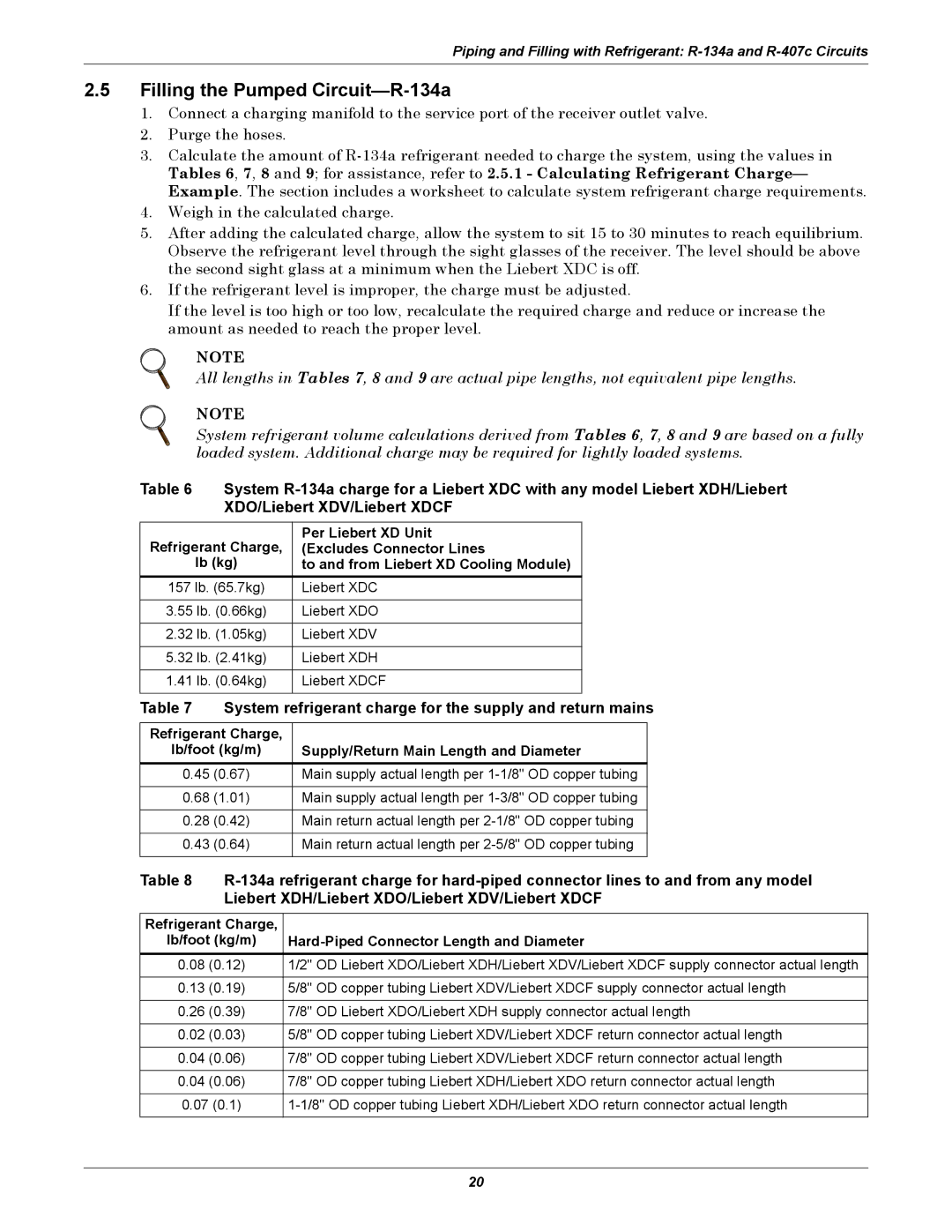 Liebert XDC user manual Filling the Pumped Circuit-R-134a, System refrigerant charge for the supply and return mains 