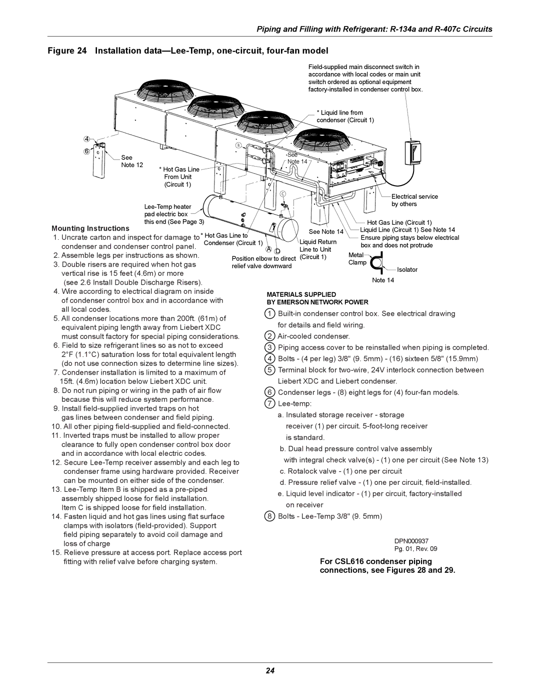 Liebert XDC user manual Installation data-Lee-Temp, one-circuit, four-fan model 