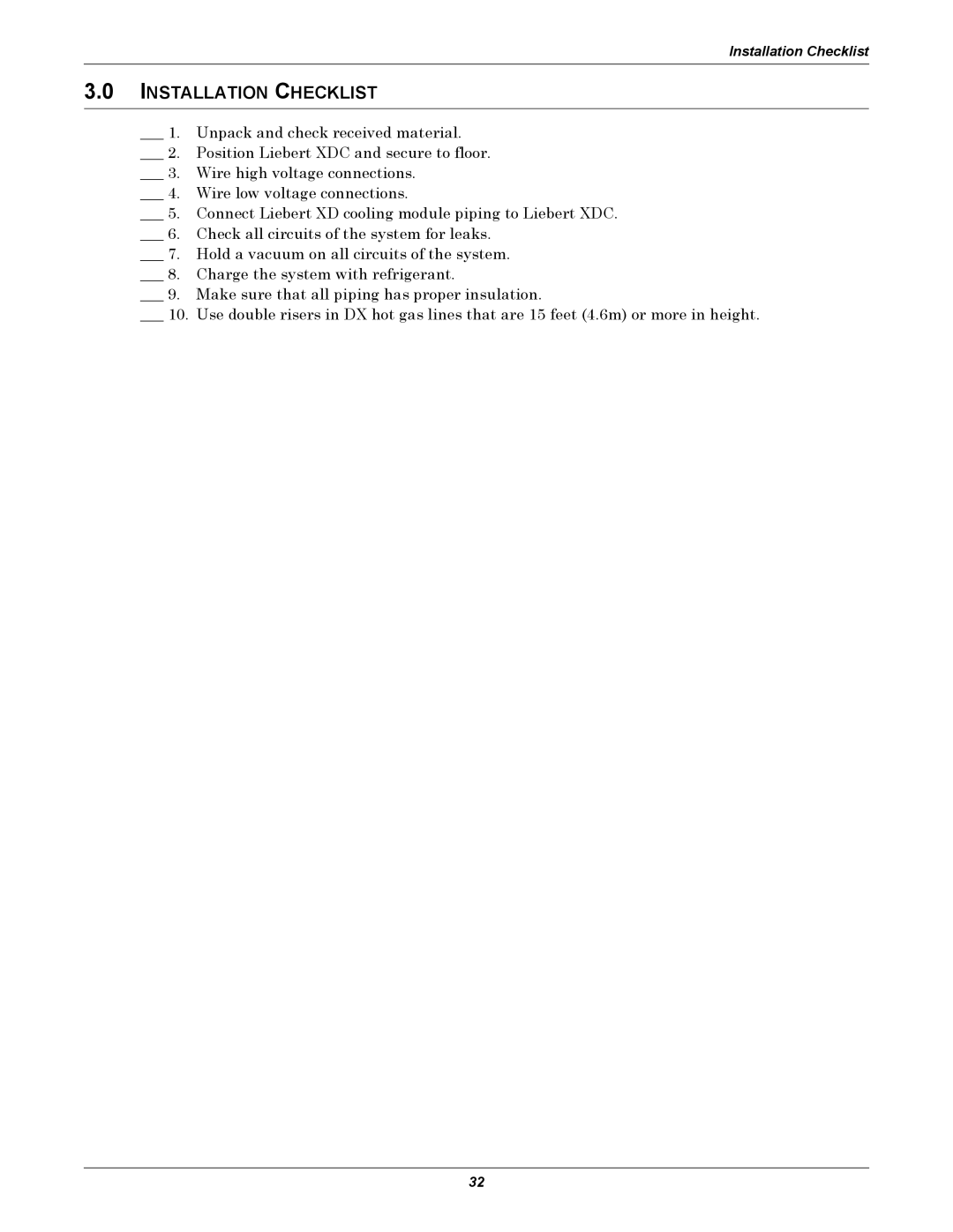 Liebert XDC user manual Installation Checklist 