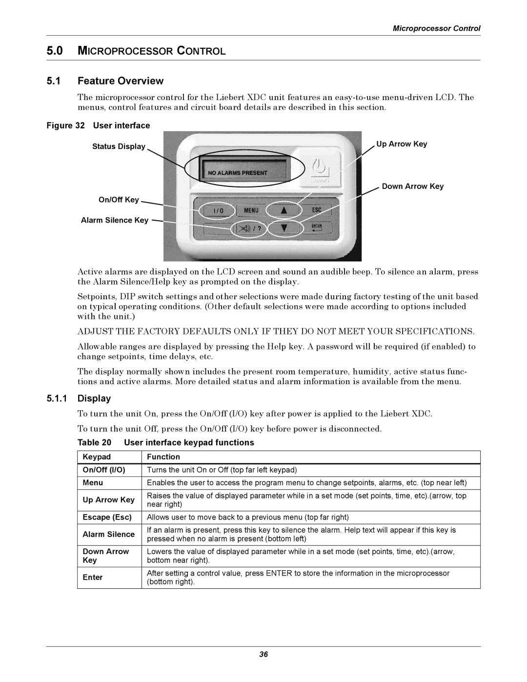 Liebert XDC user manual Feature Overview, Microprocessor Control, Display, User interface keypad functions 